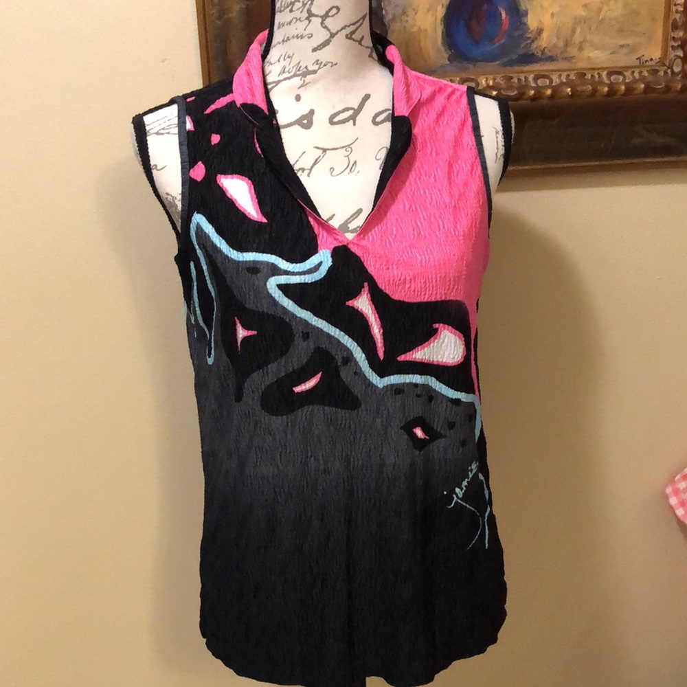💓Jamie Sadock Abstract Coloful lightweight crinkle sleevelss logo signature top - Picture 9 of 13